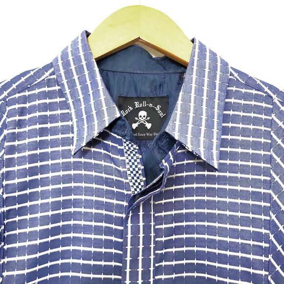 Rock Roll N Soul Shirt Men Large Blue White Button Flip Cuff Embroidered Striped - Picture 3 of 11